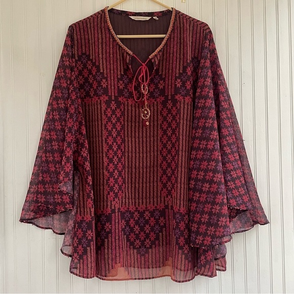 Soft Surroundings Tops - Soft Surroundings Women's Red Purple Boho Tassel Poncho Top Size 1X